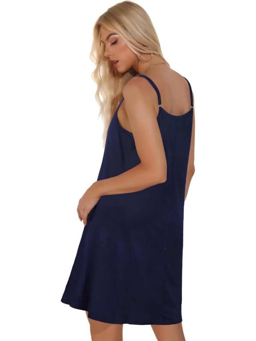 Women's Navy Summer Dresses Spaghetti Strap Button Down V Neck Sundress Beach - Picture 4 of 7